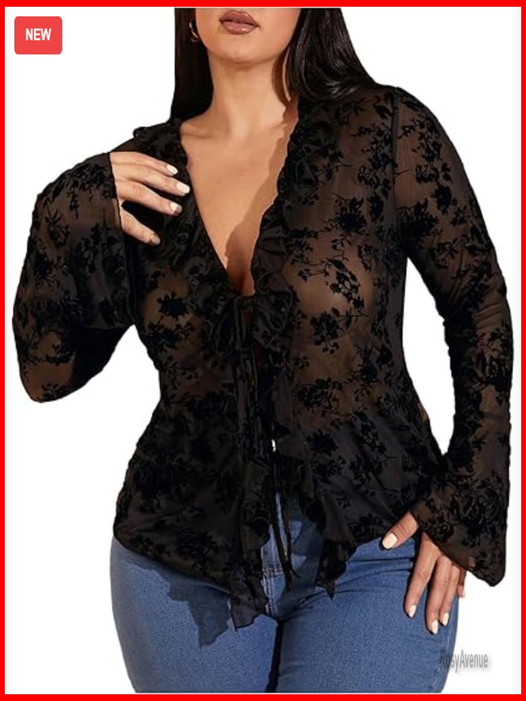 Plus Size Sheer Lace Tie Front Bell Sleeve Tee Going Out Top